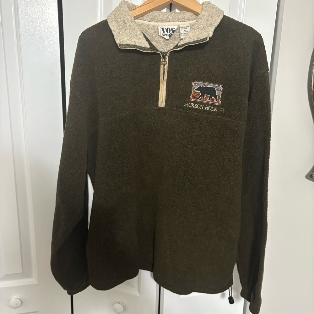 Men's Brown Jackson Hole Wyoming Bear Logo Fleece 1/4 Zip Sweater Size XL